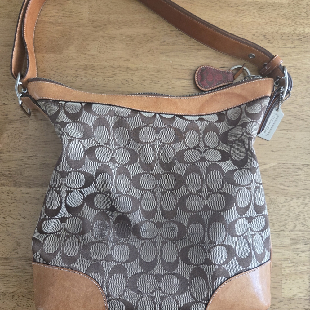 Coach Canvas Hobo Bag in Brown and Tan Leather Trim